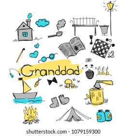 children color vector pattern with images of the elements characterizing the grandfather of the many items carelessly drawn by hand