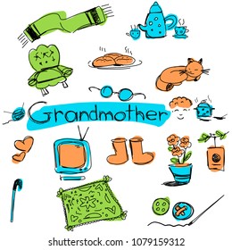 children color vector pattern with images of the elements characterizing the grandmother, a lot of elements carelessly drawn by hand