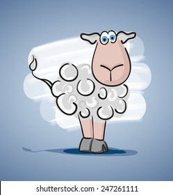 Children colored cartoon illustration, curly lamb with blue eyes, painted shadow, is located on a pale blue gradient background with white spot