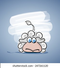 Children colored cartoon illustration. Curly lamb with blue eyes for something watches, looking to the side, with a painted shadow, is located on pale blue gradient background with white spot