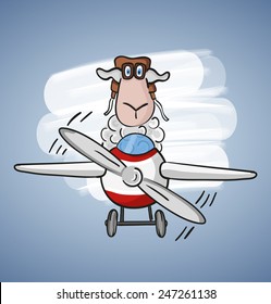 Children colored cartoon illustration. Curly lamb with blue eyes flying on a red-white plane with propeller in aviator cap and glasses, situated on pale blue background with white spot