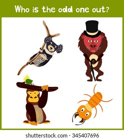Children colorful educational cartoon game puzzle page for children's books and magazines on the theme get extra cute tropical animal among primates and monkeys. Vector illustration