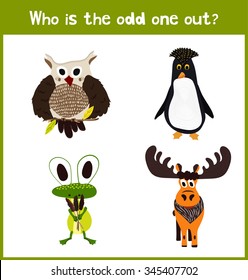 Children colorful educational cartoon game puzzle page for children's books and magazines on the theme polar animal find the extra among the inhabitants of the wild  forests. Vector illustration