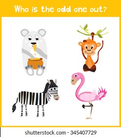 Children colorful educational cartoon game puzzle page for children's books and magazines on the theme find extra warm animal among the animals of the African jungle. Vector illustration