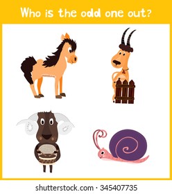 Children colorful educational cartoon game puzzle page for children's books and magazines on the theme get extra animal among the farm animals. Vector illustration