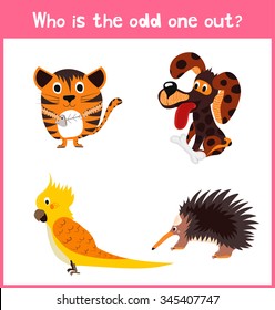 Children colorful educational cartoon game puzzle page for children's books and magazines on the theme extra find an animal among animals. Vector illustration