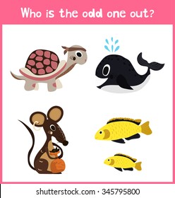 Children colorful educational cartoon game puzzle page for children's books and magazines on the theme extra find pet among Pets. Vector illustration