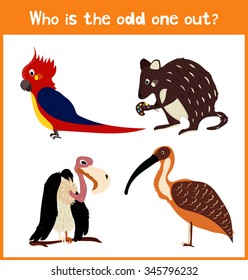 Children colorful educational cartoon game puzzle page for children's books and magazines on the theme get extra animal among the wild tropical birds. Vector illustration