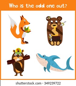 Children colorful educational cartoon game puzzle page for children's books and magazines on the theme extra find sea animal among wild animals. Vector illustration