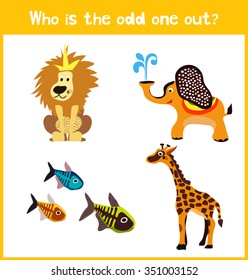 Children colorful educational cartoon game puzzle page for children's books and magazines on the theme extra find the animal among the animals of the zoo. Vector illustration