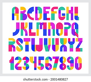 Children colorful geometric font vector alphabet, kid play game typeset, original letters can be used for logo creation, uppercase and numbers.