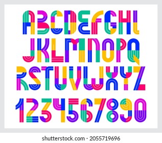 Children colorful geometric font vector alphabet, kid play game typeset, original letters can be used for logo creation, uppercase and numbers.