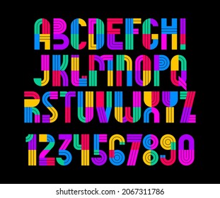 Children colorful geometric font vector alphabet, kid play game typeset, original letters can be used for logo creation, uppercase and numbers.