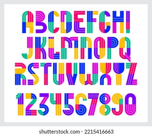 Children colorful geometric font vector alphabet, kid play game typeset, original letters can be used for logo creation, uppercase and numbers.