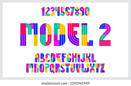 Children colorful geometric font vector alphabet, kid play game typeset, original letters can be used for logo creation, uppercase and numbers.