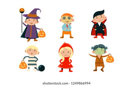 Children in colorful Halloween costumes set, kids at carnival party vector Illustration on a white background