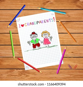 Children colorful hand drawn vector greeting card with grandpa and grandma together. Kids inscription I love grandparents on squared notebook sheet on wooden table with colored pencils around.