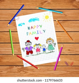 Children colorful hand drawn vector illustration of man, woman and children holding hands together on squared notebook sheet background on wood table with colored pencils around. Happy family