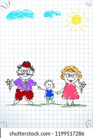 Children colorful pencil drawings of grandpa, grandma and grandson together on notebook squared sheet background with sun and clouds.