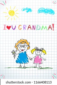 Children colorful pencil drawings. Vector illustration of grandmom and grandchild together holding hands and inscription i love you grandma on squared notebook sheet background. Kids doodle drawings.