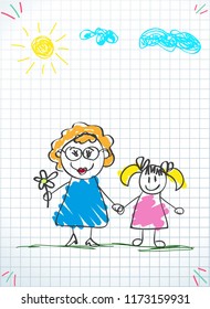 Children colorful pencil drawings. Vector illustration of grandmother and granddaughter holding hands on squared notebook sheet background. Kids doodle style drawing of girl and woman together.