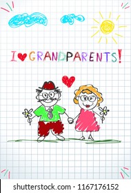 Children colorful pencil hand drawn vector greeting card with grandpa and grandma together holding hands and flowers on squared notebook sheet background. Kids doodle inscription I love grandparents.