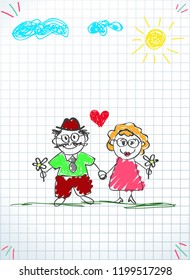 Children colorful pencil hand drawn vector illustration of grandpa and grandma together holding hands and flowers on squared notebook sheet background with sun and clouds. Kids doodle drawings.