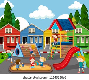 Children in colorful playground illustration