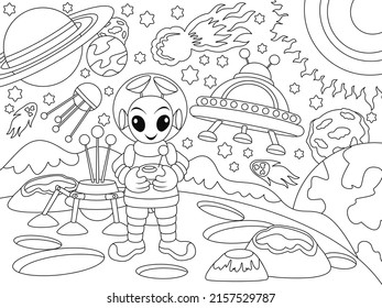 Niños coloreando un libro, alien en marte. El mundo del espacio. Caricatura de animales. Esquema de la página de color de la caricatura. Ilustración vectorial, libro de colorear para niños.