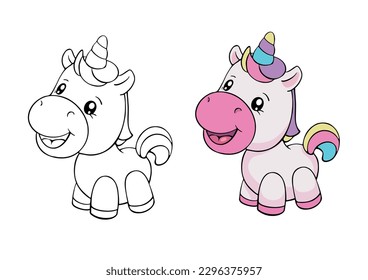 Children coloring book with an example of linear and color drawing of unicorn. Activity art game for painting drawing. Educational creative task and worksheet for kids.