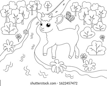 Children coloring book, farm animal. Goatling on the river bank, meadow. Vector cartoon illustration