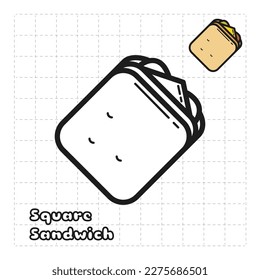 Children Coloring Book Object. Food Series - Square Sandwich