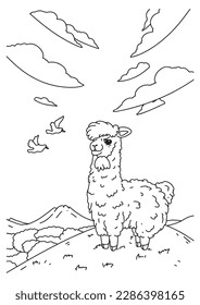 Children coloring book page 3 ilama in savana nature