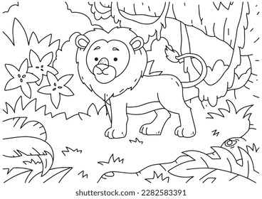 Children coloring book page 4 lion forest ilustration