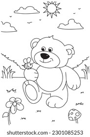 Children coloring book page big bear and bee nature ilustration