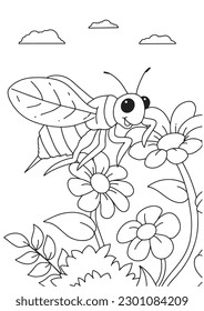 Children coloring book page cute bee and flower