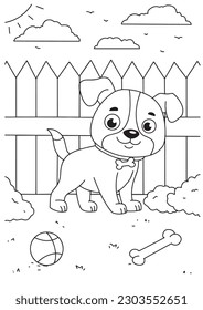 Children coloring book page dog and ball in field nature