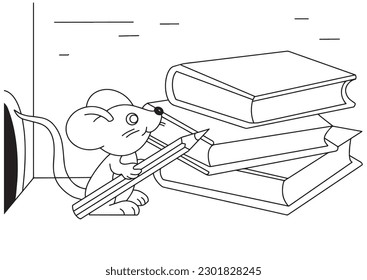 Children coloring book page mouse book pen illustration