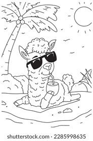 Children coloring book page sheep on the beach ilustration