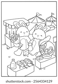 children coloring book page, Two cute bunnies at a fair, one holding flowers, the other near a candy