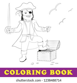 Children coloring book. Pirate stands with treasure chest. Isolated outline vector illustration