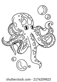 Children coloring book, sea animal. Isolated octopus with air bubbles. Zentangle style.