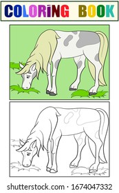 Children coloring book, set. A horse grazes in the meadow. Vector illustration