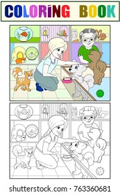 Children coloring cartoon contact zoo vector. pet Shop. Black, white and colored