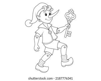 Children Coloring, Character Of Fairy Tales, Pinocchio With A Key.