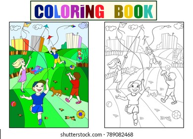 Children coloring, color, black and white vector game kite flying
