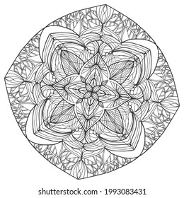 Children coloring, drawing mandala, flower. Leaves set of different plants and trees.