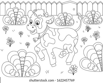 Children coloring, farm animal. The calf plays in the clearing. Vector cartoon illustration