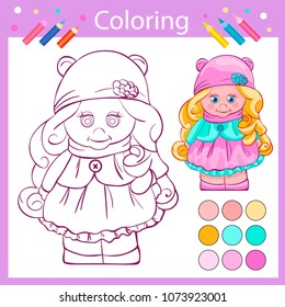 Children Coloring with funny cartoon cute girl. Kids game. Entertainment for children. Drawing contour for coloring. Linear image funny doll. Activity page. Vector illustration.