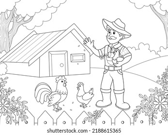 Children coloring. Grandfather in the village, agricultural yard with animals and buildings.